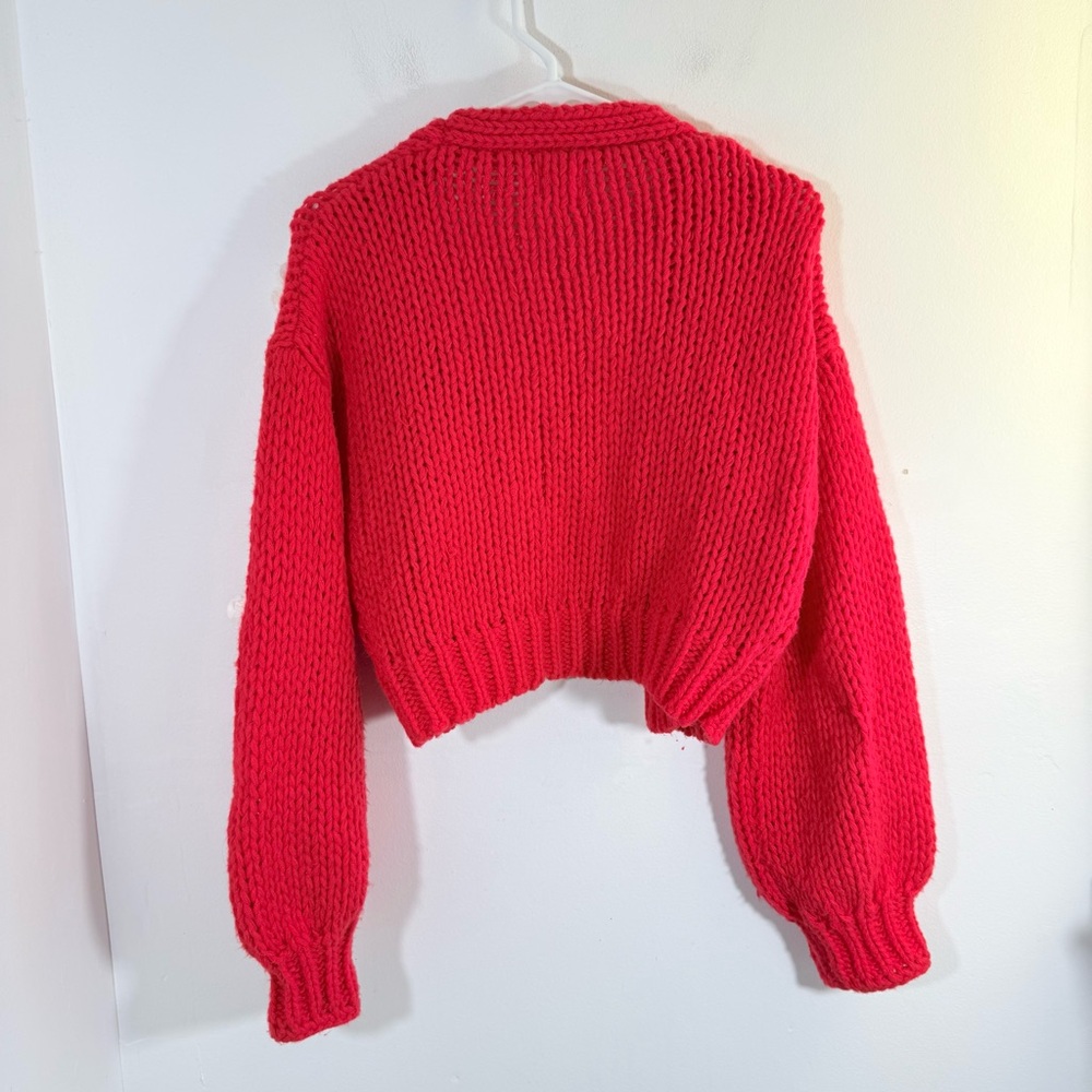 Anthropologie Luna Ivy Red White 3D Flowers Chunky Knit Sweater Cardigan Small - Picture 9 of 9